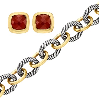 Lot 388 - Sterling Silver and Gold Link Bracelet and Pair of Carnelian Earrings, David Yurman