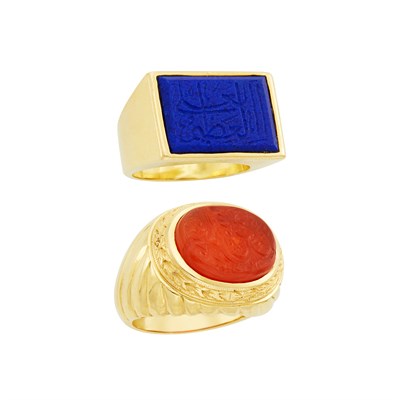 Lot 1320 - Two Gold, Lapis and Carnelian Intaglio Rings
