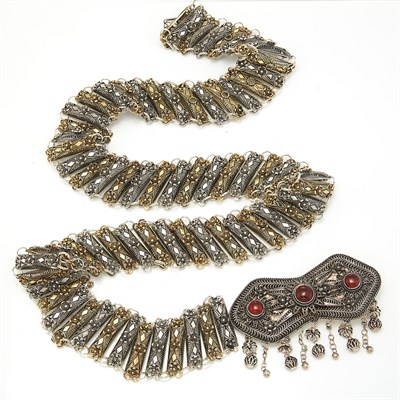 Lot 1703 - Two-Color Ethnic Silver and Carnelian Belt