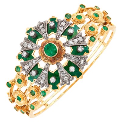 Lot 25 - Gold, Silver, Emerald, Diamond and Enamel Bangle Bracelet