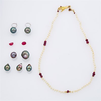 Lot 217 - Biwa Pearl and Ruby Bead Necklace, Pair of Black Cultured Pearl and Diamond Earrings and Seven Loose Pearls and Rubies