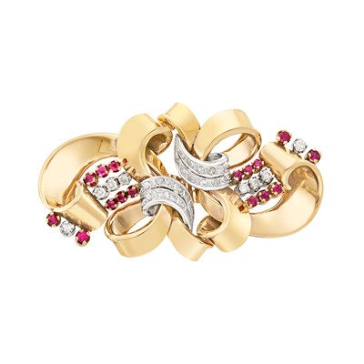 Lot 644 - Gold, Platinum, Diamond and Ruby Double Clip-Brooch