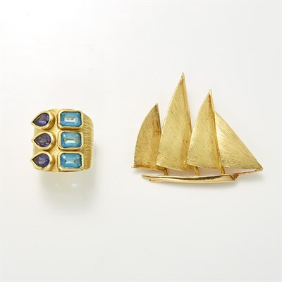 Lot 1308 - Wide Gem-Set Ring, Seidengang, Gold Sailboat Pendant-Brooch