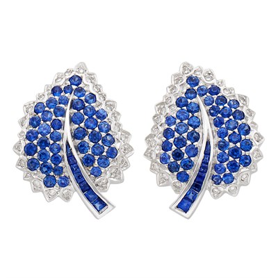 Lot 500 - Pair of White Gold, Sapphire and Diamond Leaf Earclips, Salavetti