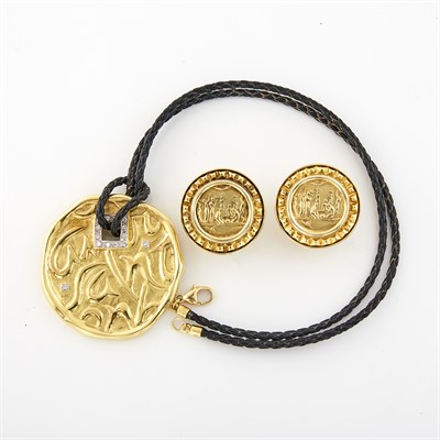 Lot 1192 - Gold and Diamond 'Love Health Happiness' Pendant, Seidengang, and Pair of Gold Earrings