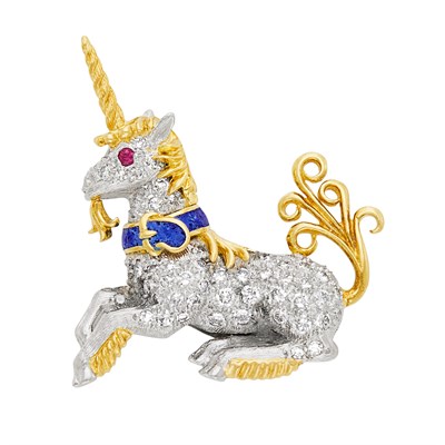 Lot 102 - Gold, Platinum, Diamond and Lapis Unicorn Tie Tac, by Schlumberger, Tiffany & Co.