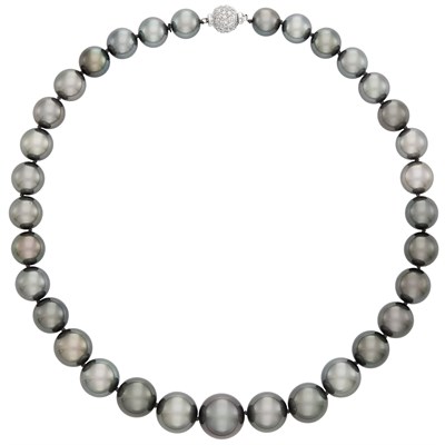 Lot 761 - Black Cultured Pearl Necklace with Platinum and Diamond Ball Clasp