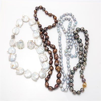 Lot 1696 - Four Gray and Brown Baroque Cultured and Freshwater Pearl Necklaces and Pair of Earclips