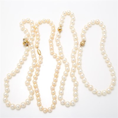 Lot 1507 - Four Cultured Pearl Necklaces with Gold Clasps