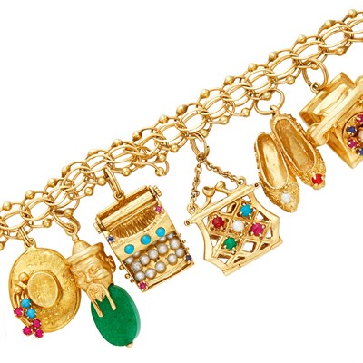 Lot 91 - Gold and Gem-Set Charm Bracelet
