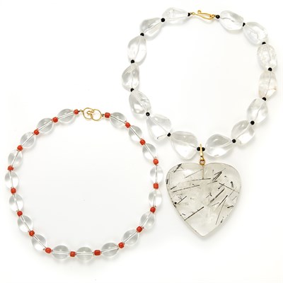 Lot 1165 - Tourmalinated Quartz, Rock Quartz and Black Onyx Bead Necklace and Rock Crystal and Coral Bead Necklace