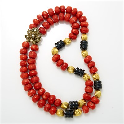 Lot 1508 - Double Strand Coral, Black Onyx and Gold Bead Necklace with Gold, Silver and Diamond Clasp