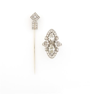 Lot 1380 - Platinum, Metal and Diamond Ring and Stick Pin