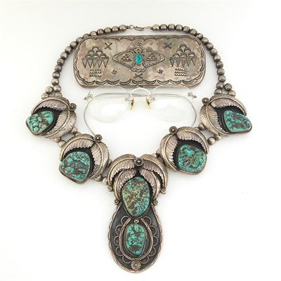 Lot 1802 - Silver and Turquoise Squash Blossom Necklace and Eyeglass Case