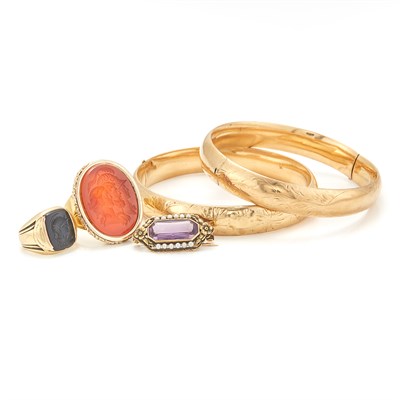 Lot 1497 - Antique Gold, Amethyst and Seed Pearl Pin, Two Carnelian and Black Onyx Intaglio Rings and Two Bangles