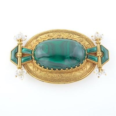 Lot 1151 - Gold, Malachite and Pearl Brooch