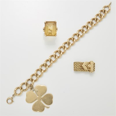 Lot 1187 - Gold Charm Bracelet, Buckle Ring and Citrine Ring