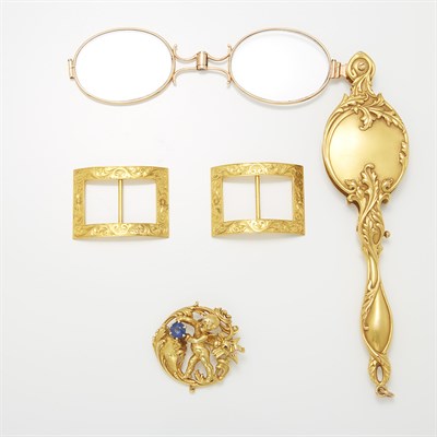 Lot 1407 - Gold Lorgnette, Pair of Shoe Buckles and Low Karat Gold Cherub Brooch, France