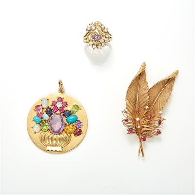 Lot 1475 - Gold, Diamond and Gem-Set Charm, Feather Brooch and Simulated Diamond Ring