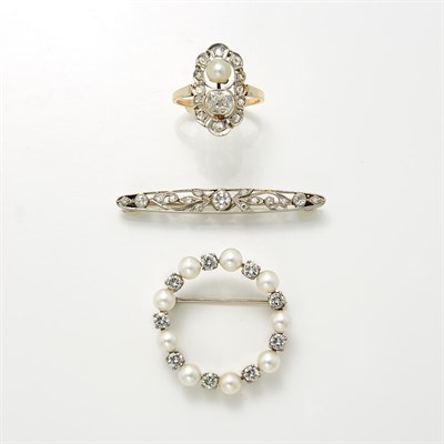 Lot 1461 - Gold, Platinum, Pearl and Diamond Ring, Platinum and Diamond Bar Pin and White Gold, Diamond and Cultured Pearl Circle Pin