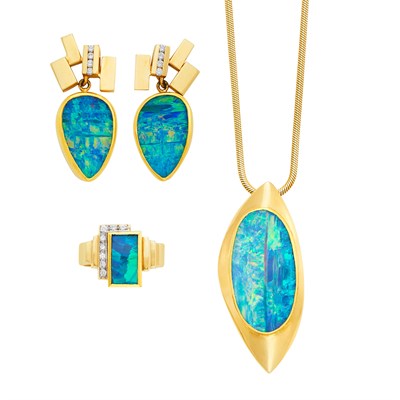 Lot 1428 - Gold, Opal and Diamond Ring, Pendant-Necklace and Pair of Pendant-Earrings
