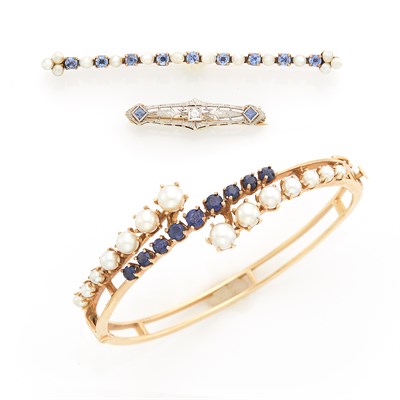 Lot 1208 - Gold, Low Karat Gold, Diamond and Sapphire Bar Pin, Cultured Pearl and Sapphire Bar Pin and Bangle Bracelet