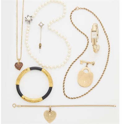 Lot 1569 - Group of Gold, Low Karat Gold, Gold-Filled, Cultured Pearl and Diamond Jewelry