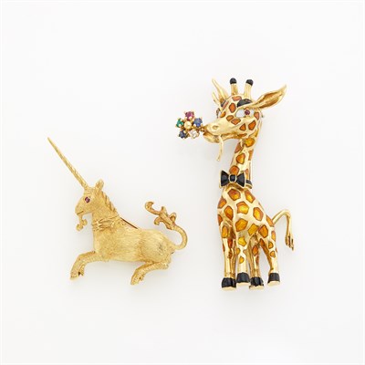 Lot 1211 - Gold Unicorn Brooch and Enamel Giraffe Brooch