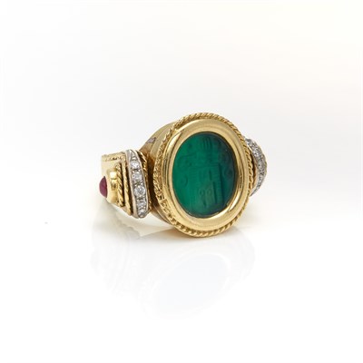 Lot 1224 - Gold, Carved Green Onyx Intaglio, Cabochon Ruby and Diamond Seal Ring
