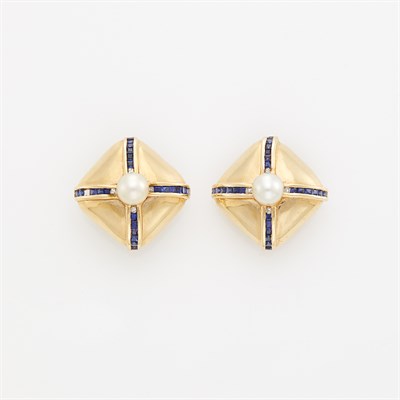 Lot 1229 - Pair of Gold, Cultured Pearl and Sapphire Earclips