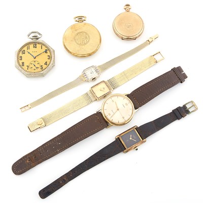 Lot 1534 - Vermeil 'Tank' Wristwatch, Must de Cartier, Three Pocket Watches and Three Metal Wristwatches