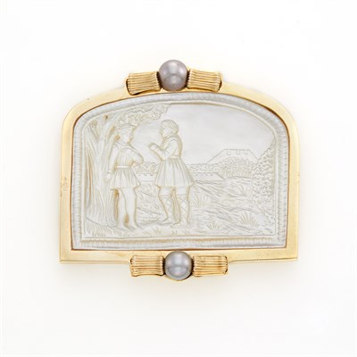 Lot 1220 - Gold, Carved Mother-of-Pearl and Gray Cultured Pearl Brooch