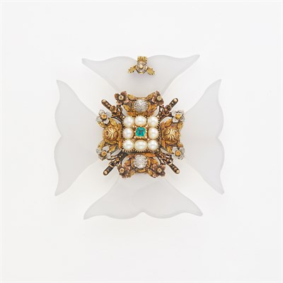 Lot 1209 - Antique Two-Color Gold, Platinum, Chalcedony and Pearl Maltese Cross Brooch