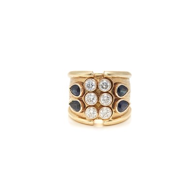 Lot 1421 - Wide Gold, Sapphire and Diamond Ring