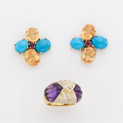 Lot 1214 - Gold, Amethyst and Diamond Dome Ring and Pair of Gold, Citrine and Turquoise Earrings