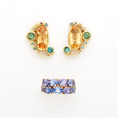 Lot 1230 - Gold and Sapphire Ring and Pair of Gold, Citrine and Treated Colored Diamond Earrings