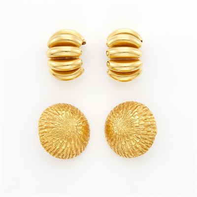 Lot 1274 - Gold Dome Earclips, Tiffany & Co., and Pair of Huggie Earclips