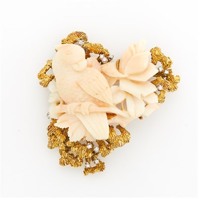 Lot 1273 - Gold, Angel Skin Coral and Diamond Brooch