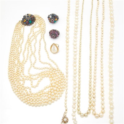 Lot 1495 - Two Gold and Colored Stone Rings, Mabé Pearl Ring and Group of Cultured Pearl Necklaces