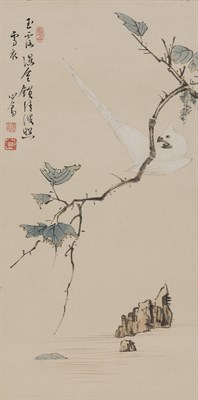 Lot 81 - Chinese School White bird on a branch Signed...