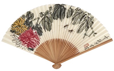 Lot 1189 - After Qi Baishi Fan painting Grasshopper and...
