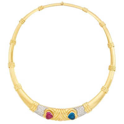 Lot 257 - Gold, Cabochon Blue Topaz and Pink Tourmaline and Diamond Necklace