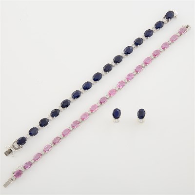 Lot 1157 - Two White Gold, Diamond, Blue and Pink Sapphire Bracelets and Pair of Earrings