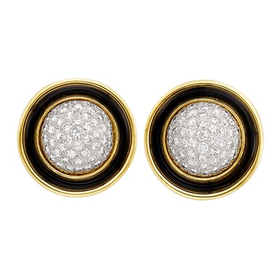Lot 78 - Pair of Gold, Platinum, Diamond and Black Onyx Bombé Earclips, Merrin
