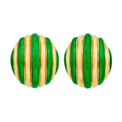 Lot 431 - Pair of Gold and Apple Green Enamel Bombé Earclips, Tiffany & Co.