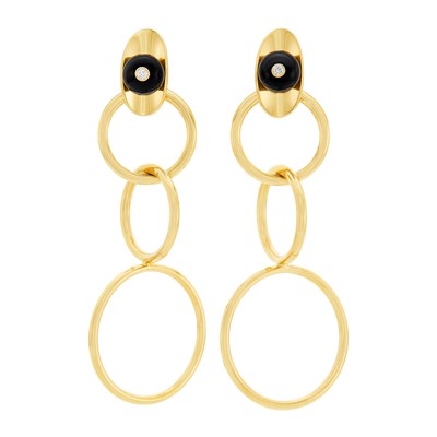 Lot 75 - Pair of Gold, Black Onyx Bead and Diamond Circle Link Pendant-Earrings, Aletto Brothers