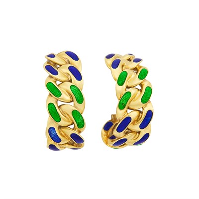 Lot 3 - Pair of Gold and Blue and Green Enamel Curb Link Hoop Earrings, Bulgari