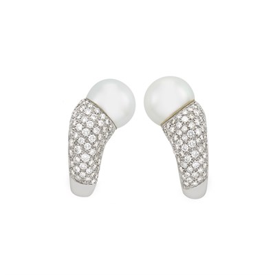 Lot 729 - Pair of White Gold, South Sea Cultured Pearl and Diamond Earclips