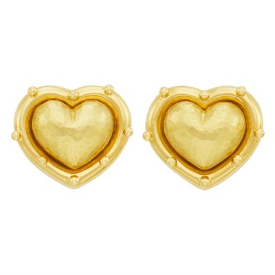 Lot 424 - Pair of Hammered Gold Heart Earclips, Tiffany & Co., Paloma Picasso