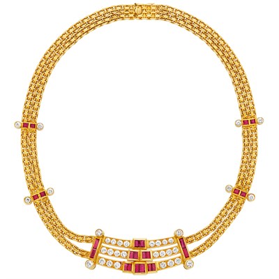 Lot 332 - Double Strand Gold, Ruby and Diamond Necklace